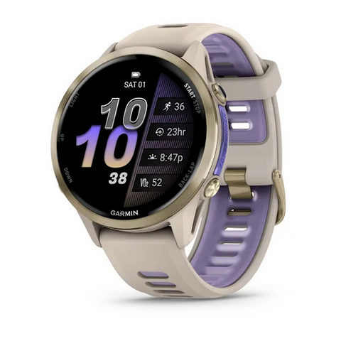 Garmin Forerunner 970  Soft Gold Titanium with French Gray Case and French Gray Translucent Indigo Band