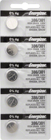Energizer 386 / 301 Silver Oxide HighDrain Battery 1.55v Card of 5